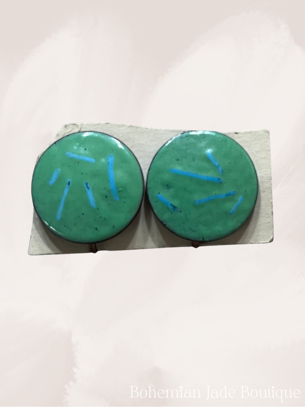 Vintage Green Turquoise Enamel Screw Back Earrings Round Copper Tone